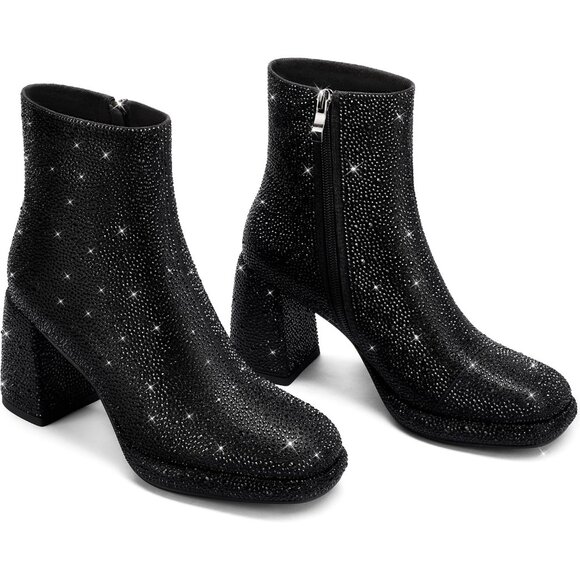 Women's Chunky Block Heeled Sparkly Glitter Rhinestone Booties Black Shoes - Picture 5 of 5